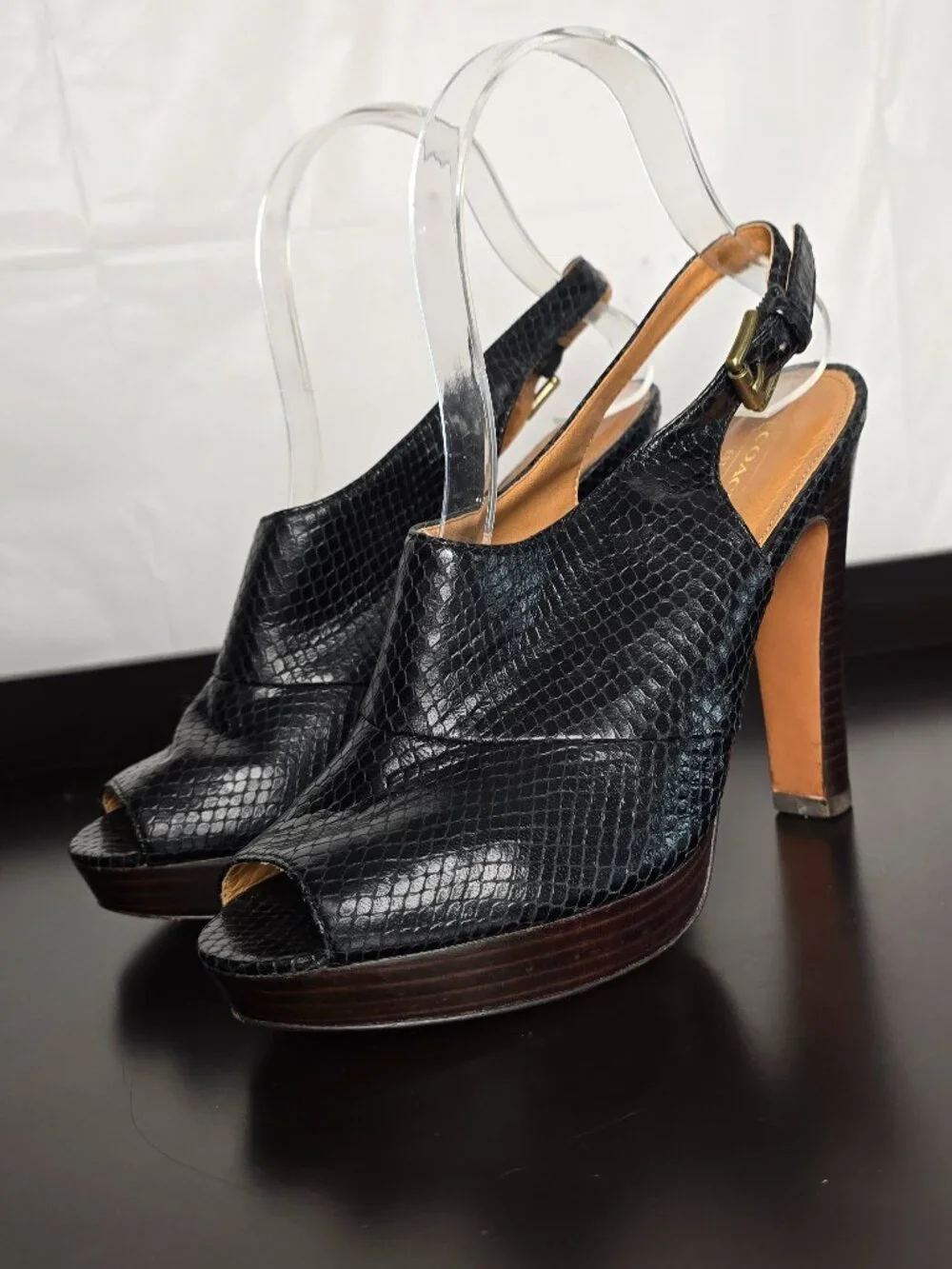 Coach Brina Black Snake-Embossed Peep-Toe Platform Slingbacks Sz. 8.5